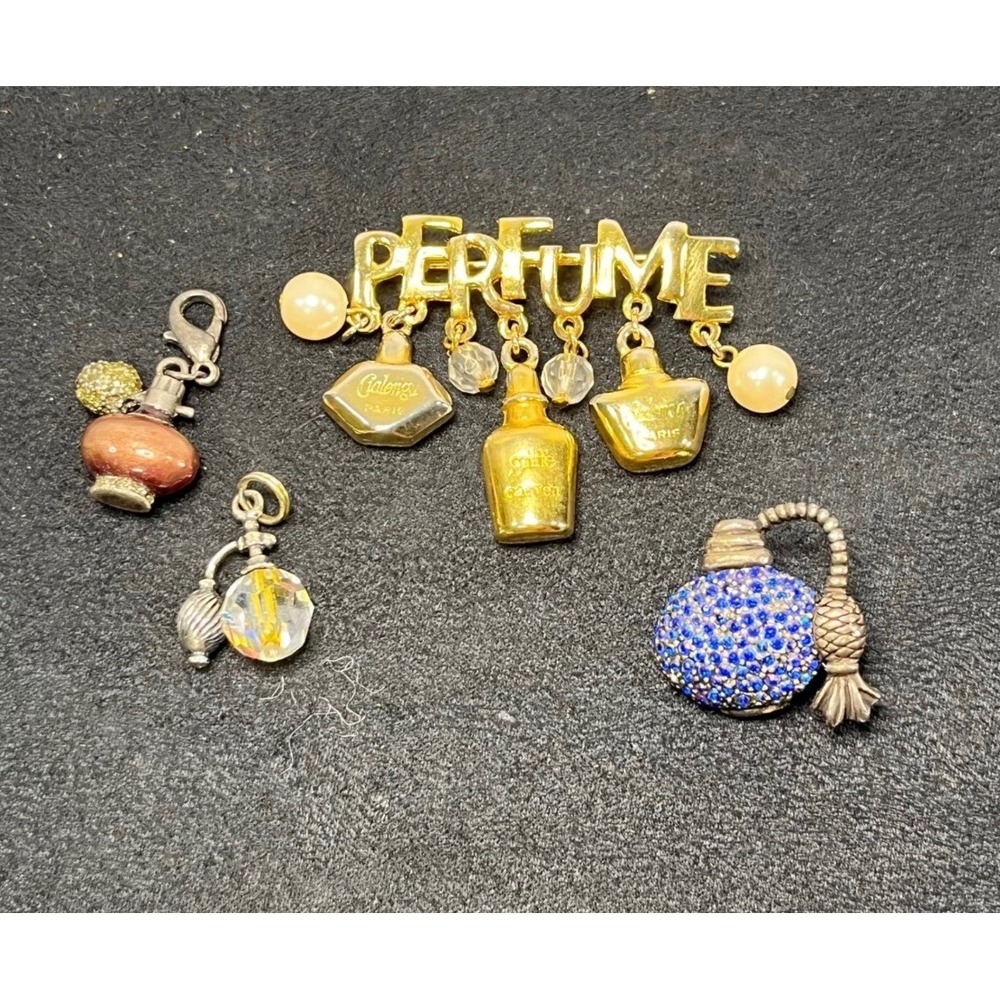Vintage Trifari Perfume Brooch and Atomizer Charms Lot Gold Silver Tone